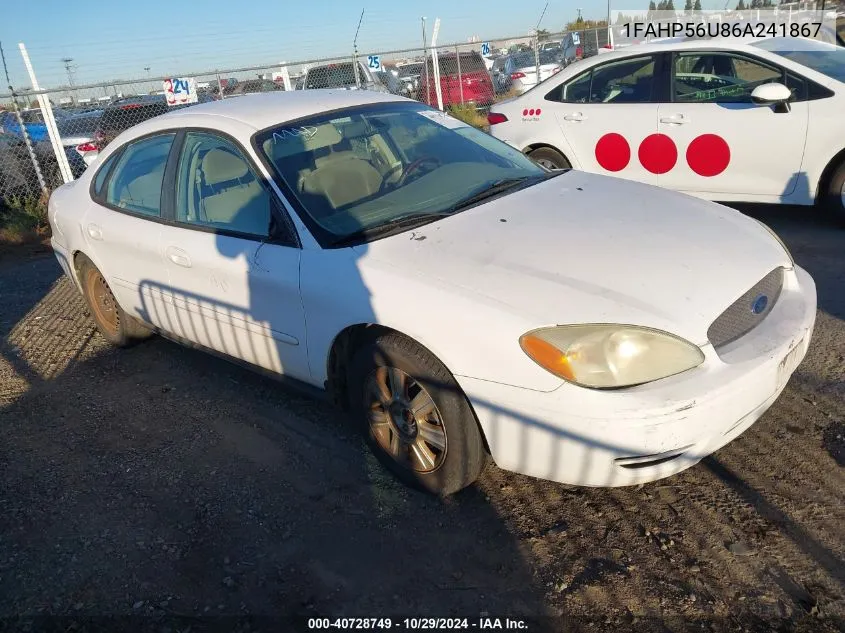 2006 Ford Taurus Sel VIN: 1FAHP56U86A241867 Lot: 40728749