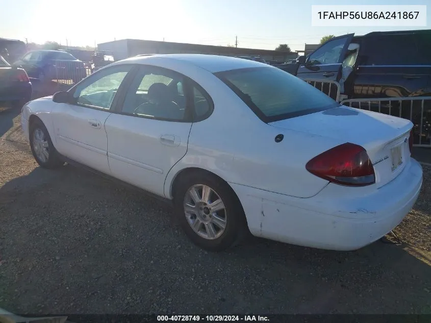 2006 Ford Taurus Sel VIN: 1FAHP56U86A241867 Lot: 40728749