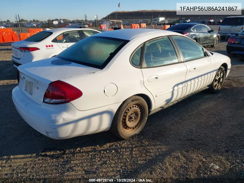 2006 Ford Taurus Sel VIN: 1FAHP56U86A241867 Lot: 40728749