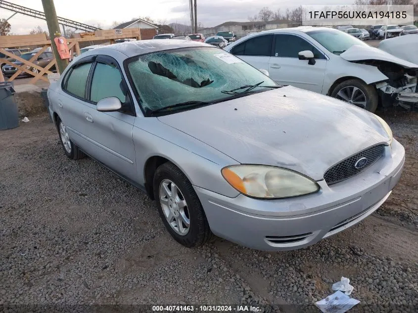 2006 Ford Taurus Sel VIN: 1FAFP56UX6A194185 Lot: 40741463