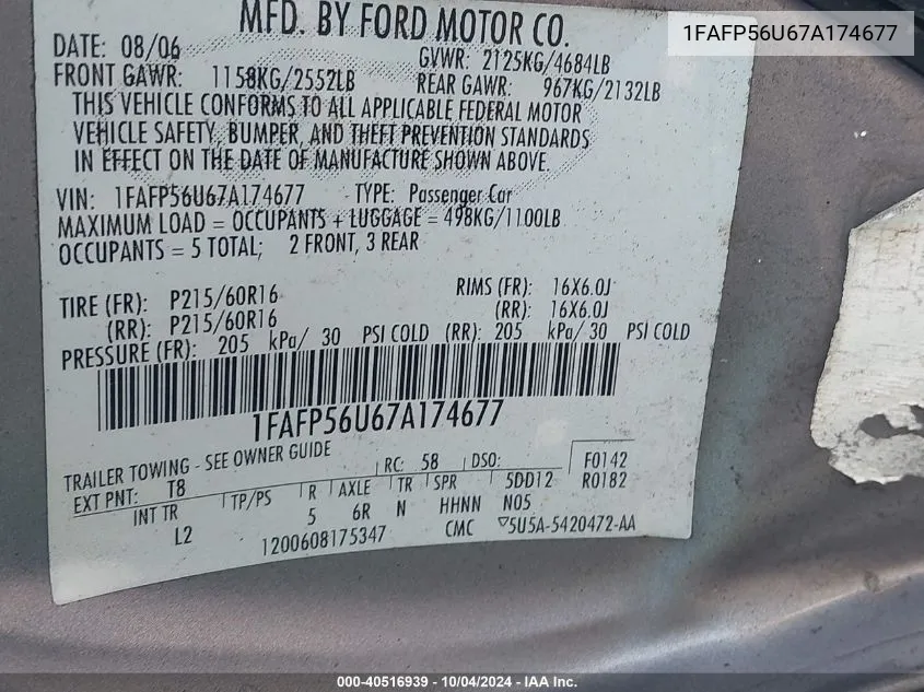 1FAFP56U67A174677 2007 Ford Taurus Sel