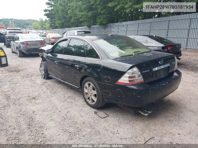 2008 Ford Taurus Limited VIN: 1FAHP28W78G181934 Lot: 39936632