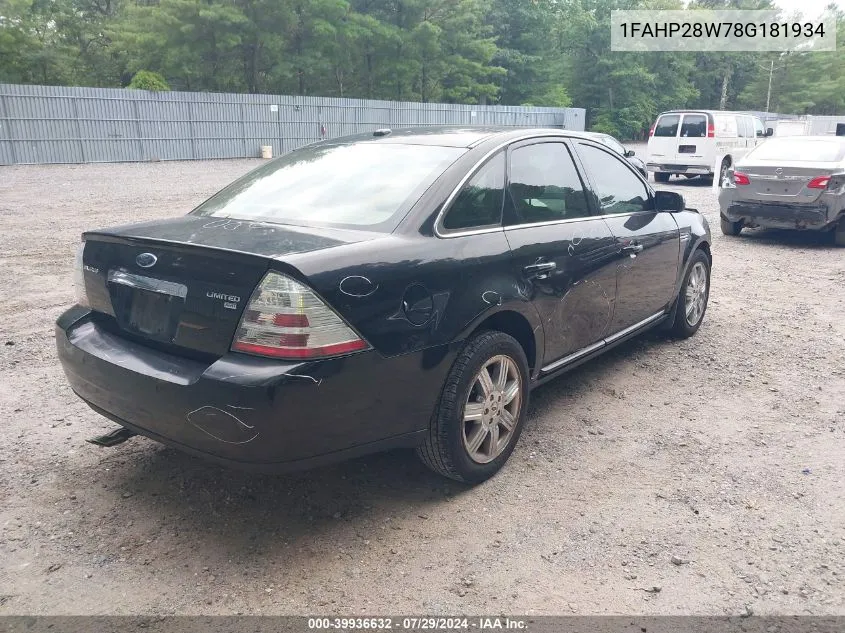 2008 Ford Taurus Limited VIN: 1FAHP28W78G181934 Lot: 39936632