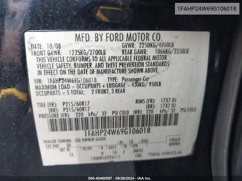 2009 Ford Taurus Sel VIN: 1FAHP24W69G106018 Lot: 40460097