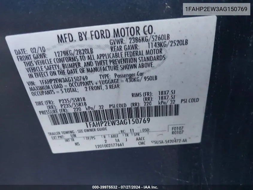 1FAHP2EW3AG150769 2010 Ford Taurus Sel