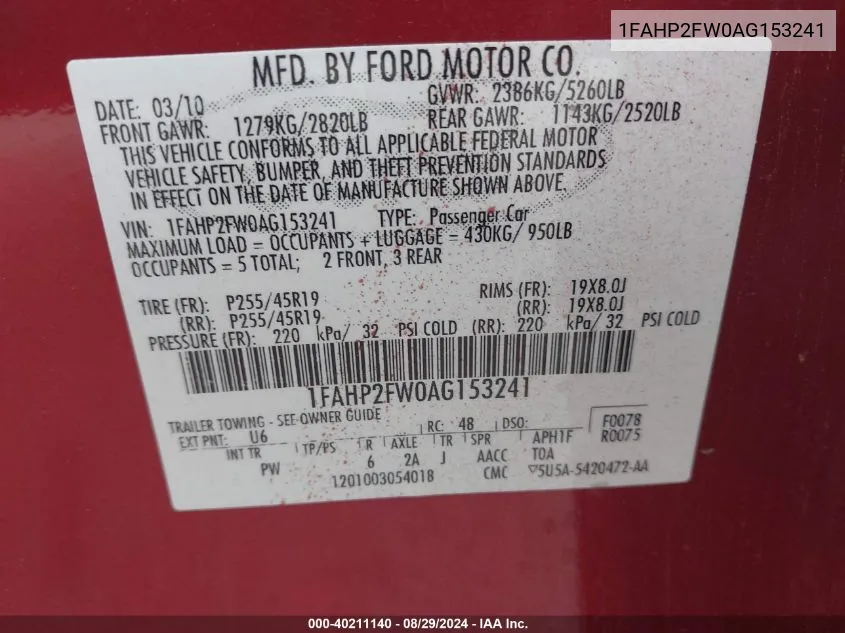 2010 Ford Taurus Limited VIN: 1FAHP2FW0AG153241 Lot: 40211140