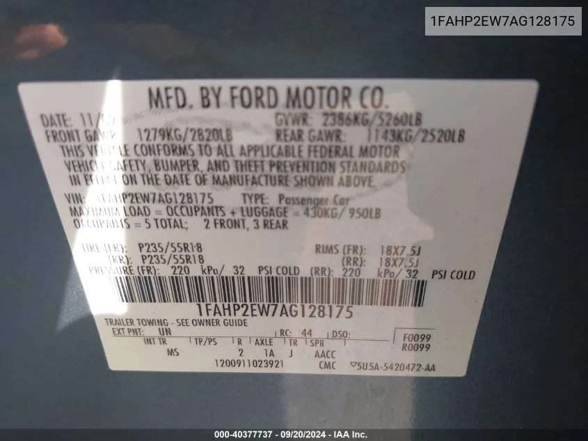 1FAHP2EW7AG128175 2010 Ford Taurus Sel