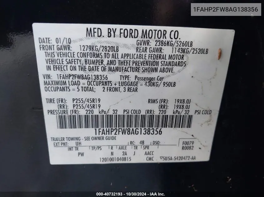 1FAHP2FW8AG138356 2010 Ford Taurus Limited