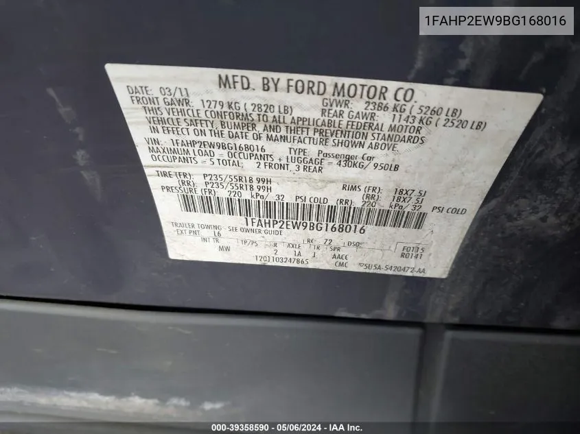 1FAHP2EW9BG168016 2011 Ford Taurus Sel