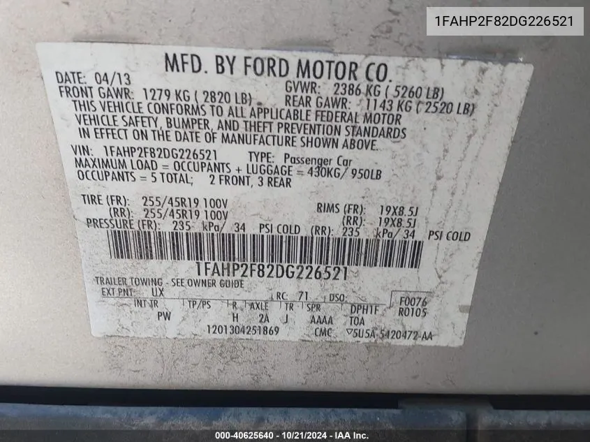 2013 Ford Taurus Limited VIN: 1FAHP2F82DG226521 Lot: 40625640