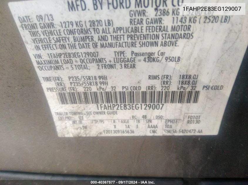 1FAHP2E83EG129007 2014 Ford Taurus Sel