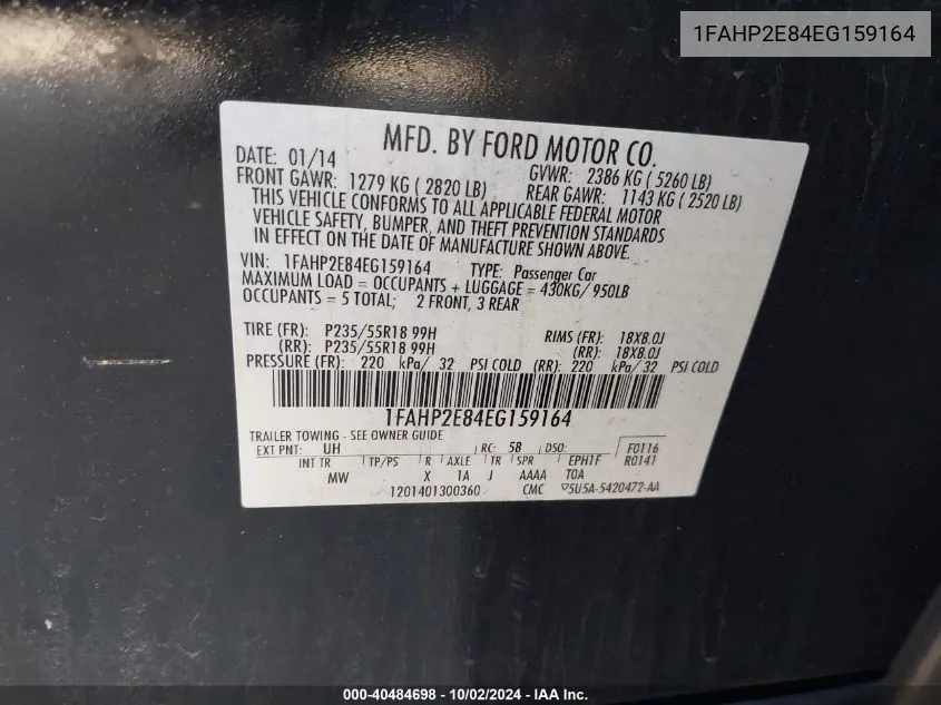 1FAHP2E84EG159164 2014 Ford Taurus Sel