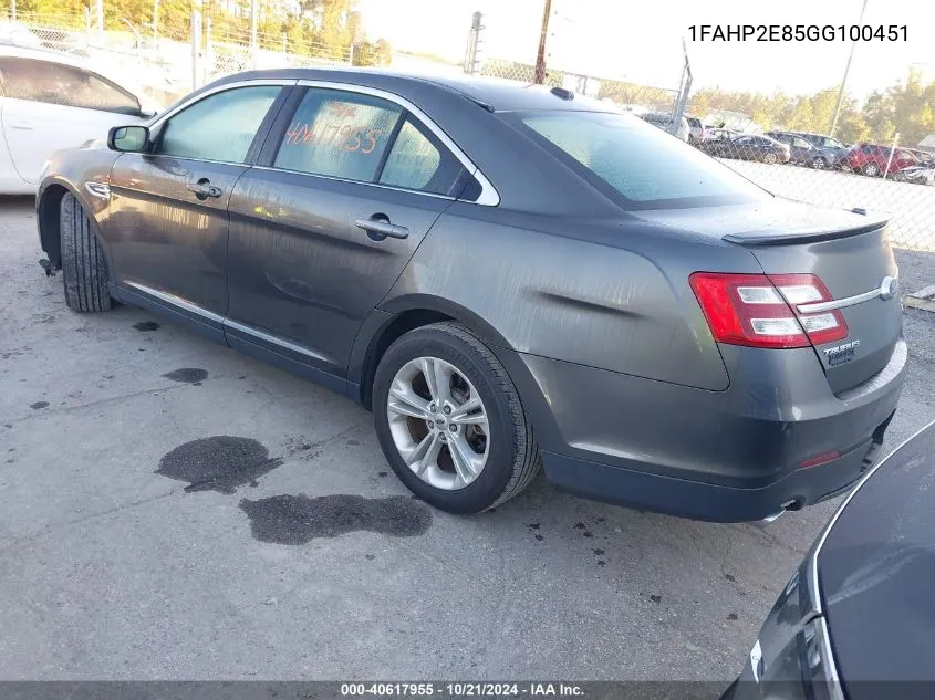 2016 Ford Taurus Sel VIN: 1FAHP2E85GG100451 Lot: 40617955