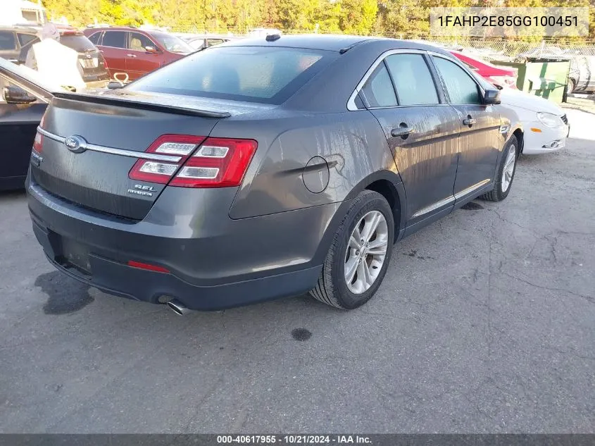 2016 Ford Taurus Sel VIN: 1FAHP2E85GG100451 Lot: 40617955