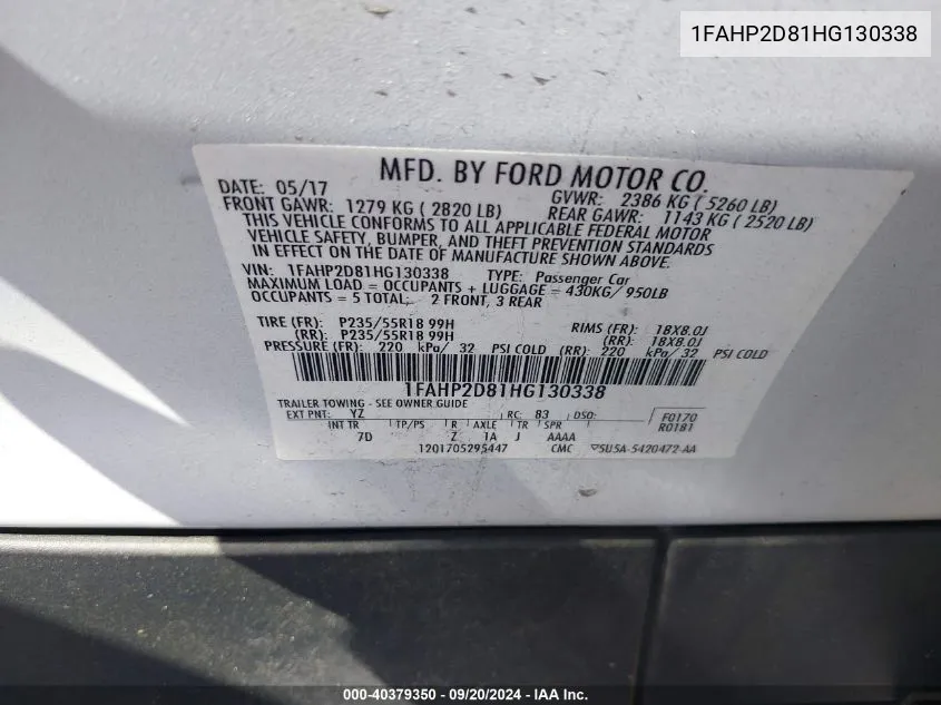 1FAHP2D81HG130338 2017 Ford Taurus Se