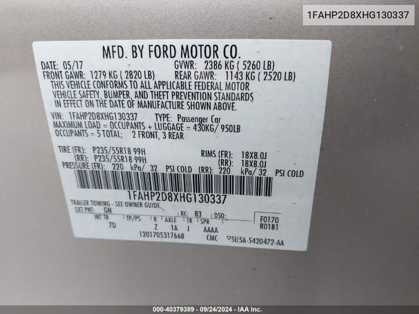 1FAHP2D8XHG130337 2017 Ford Taurus Se