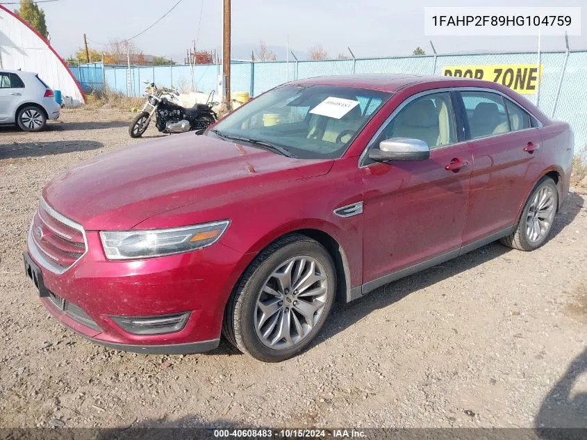 2017 Ford Taurus Limited VIN: 1FAHP2F89HG104759 Lot: 40608483