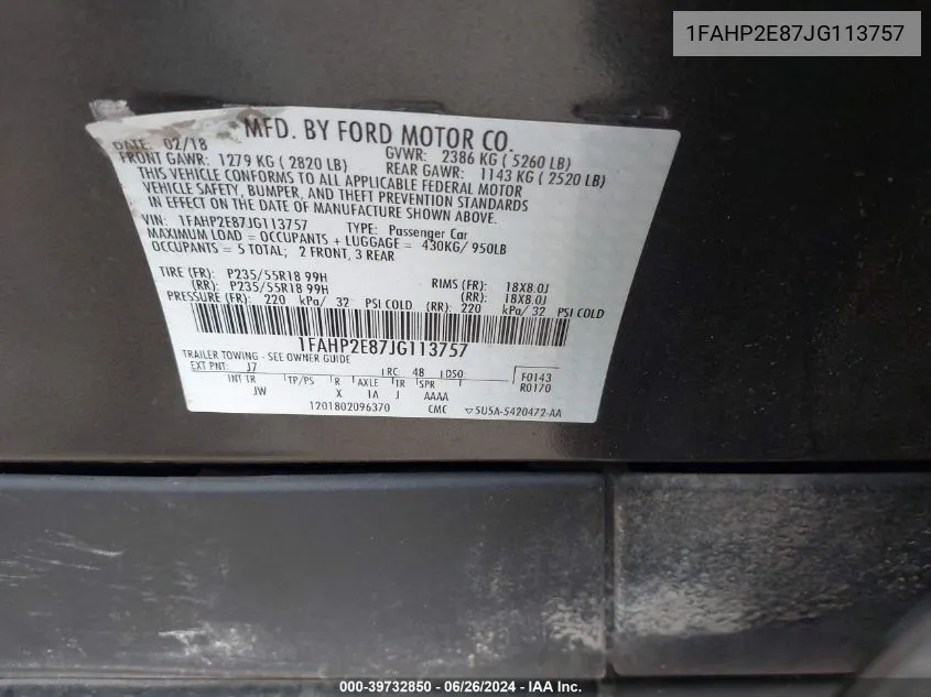 1FAHP2E87JG113757 2018 Ford Taurus Sel