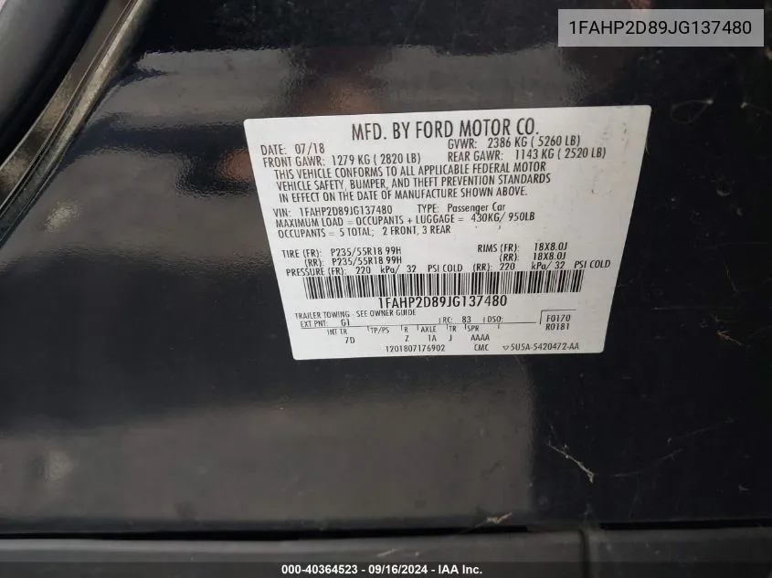 1FAHP2D89JG137480 2018 Ford Taurus Se