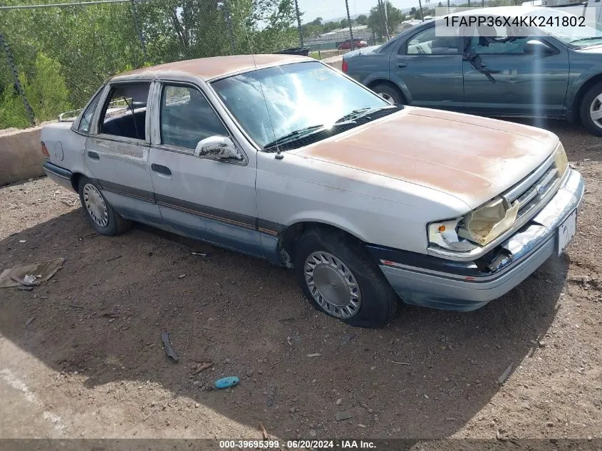 1989 Ford Tempo Gl VIN: 1FAPP36X4KK241802 Lot: 39695399