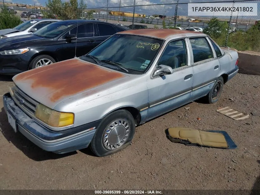 1989 Ford Tempo Gl VIN: 1FAPP36X4KK241802 Lot: 39695399