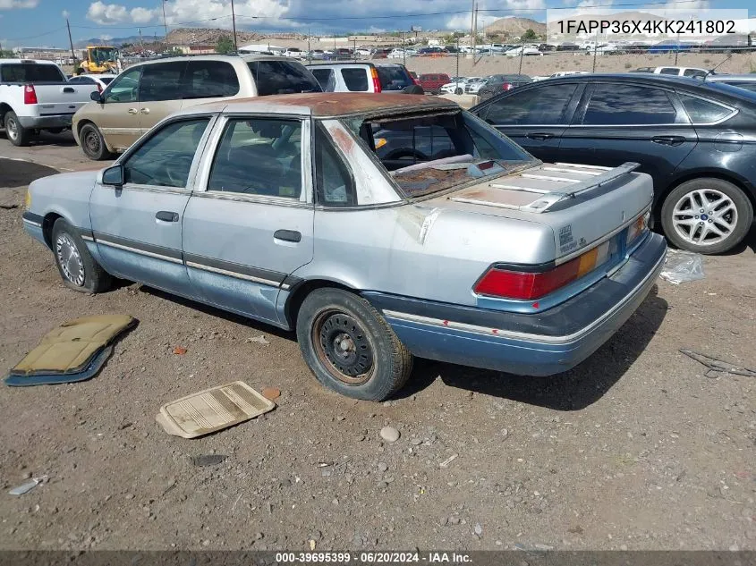 1989 Ford Tempo Gl VIN: 1FAPP36X4KK241802 Lot: 39695399