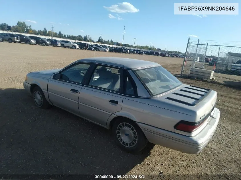 1992 Ford Tempo Gl VIN: 1FABP36X9NK204646 Lot: 30040090