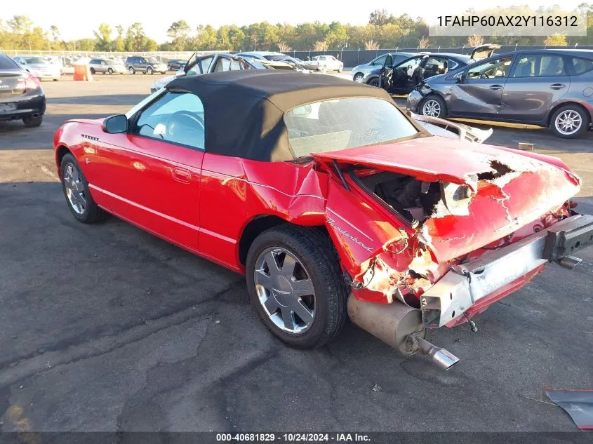 2002 Ford Thunderbird VIN: 1FAHP60AX2Y116312 Lot: 40681829