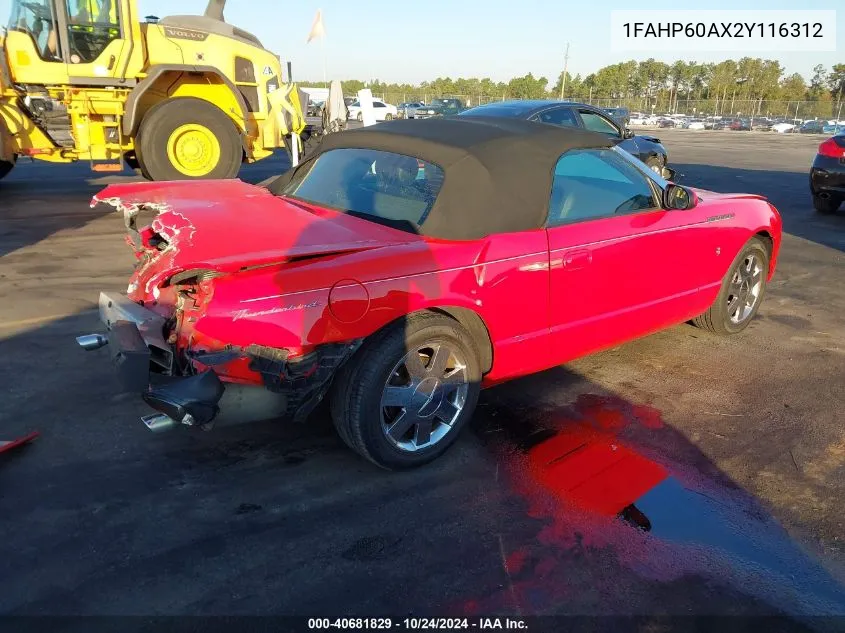 2002 Ford Thunderbird VIN: 1FAHP60AX2Y116312 Lot: 40681829