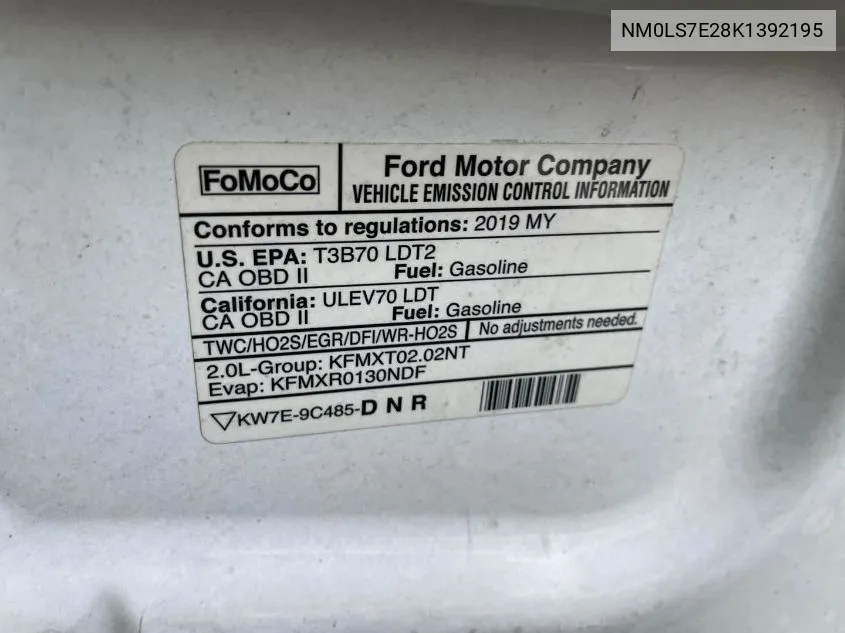 2019 Ford Transit Connect Xl VIN: NM0LS7E28K1392195 Lot: 40935883