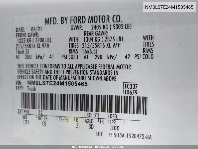 2021 Ford Transit Connect Xl VIN: NM0LS7E24M1505465 Lot: 40560692