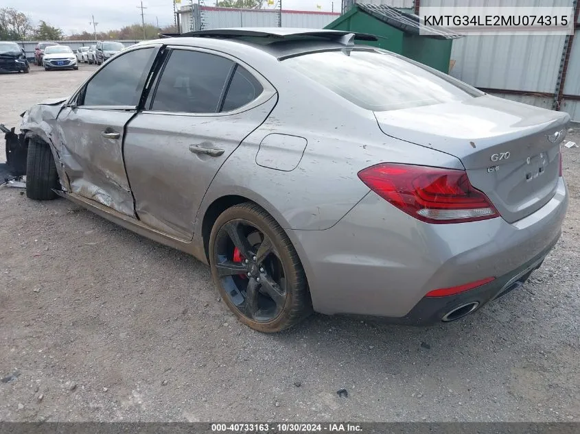 2021 Genesis G70 3.3T Rwd VIN: KMTG34LE2MU074315 Lot: 40733163