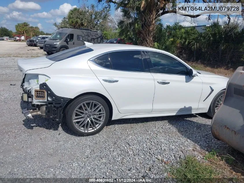 2021 Genesis G70 2.0T Rwd VIN: KMTG64LA2MU079728 Lot: 40830602