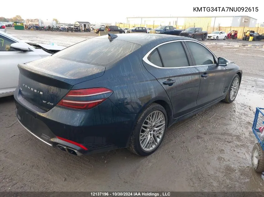 2022 Genesis G70 2.0T Advanced Awd VIN: KMTG34TA7NU092615 Lot: 12137196