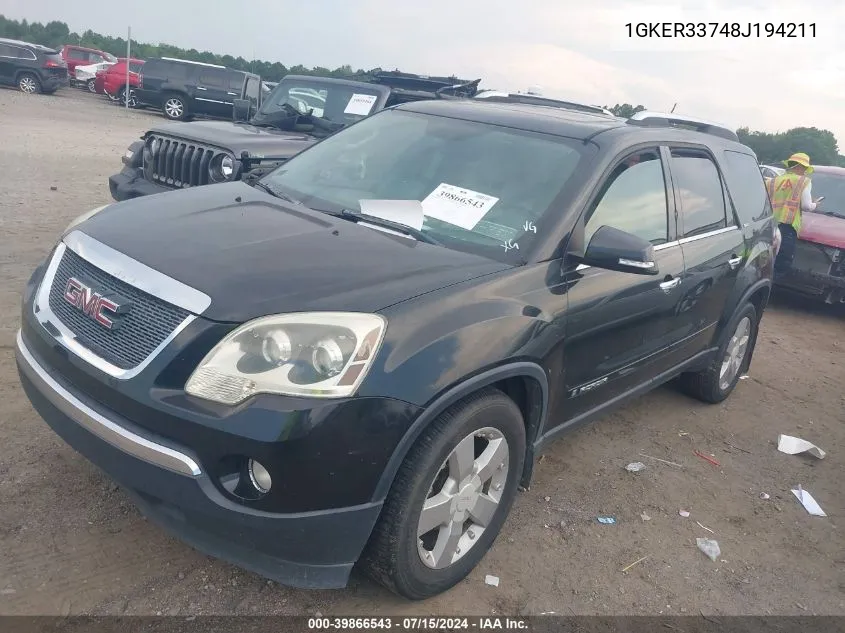 2008 GMC Acadia Slt-2 VIN: 1GKER33748J194211 Lot: 39866543