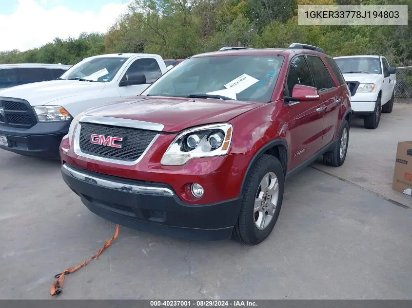 2008 GMC Acadia Slt-2 VIN: 1GKER33778J194803 Lot: 40237001