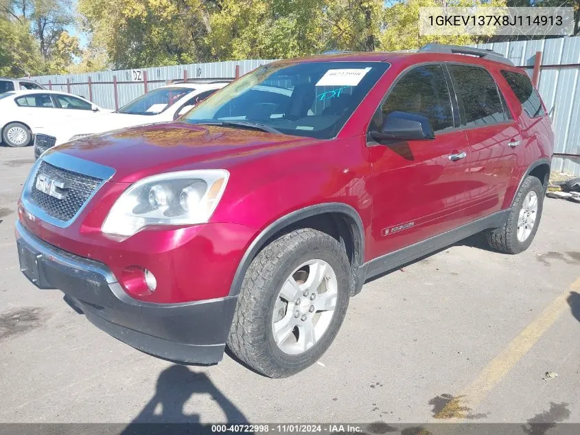 2008 GMC Acadia Sle-1 VIN: 1GKEV137X8J114913 Lot: 40722998