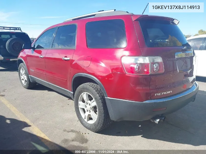 2008 GMC Acadia Sle-1 VIN: 1GKEV137X8J114913 Lot: 40722998