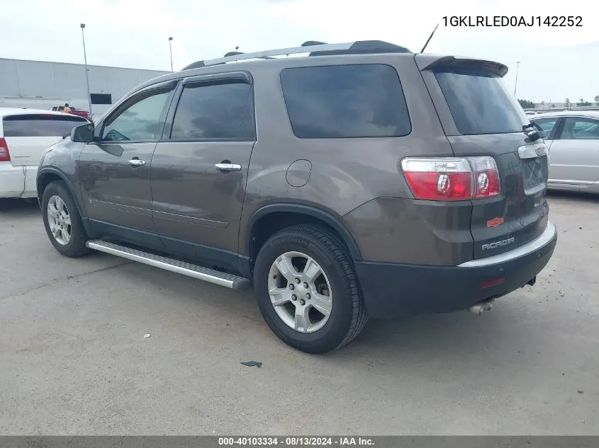 2010 GMC Acadia Sle VIN: 1GKLRLED0AJ142252 Lot: 40103334