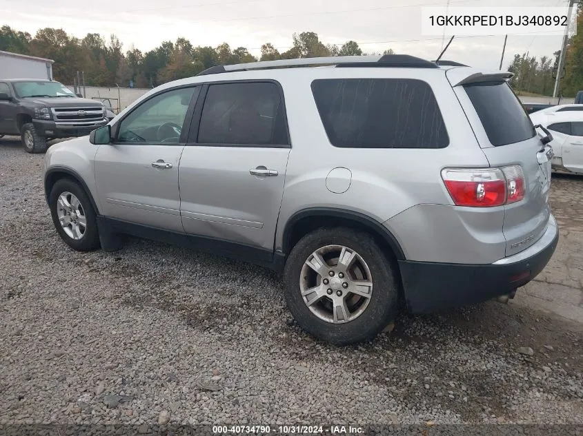 2011 GMC Acadia Sle VIN: 1GKKRPED1BJ340892 Lot: 40734790