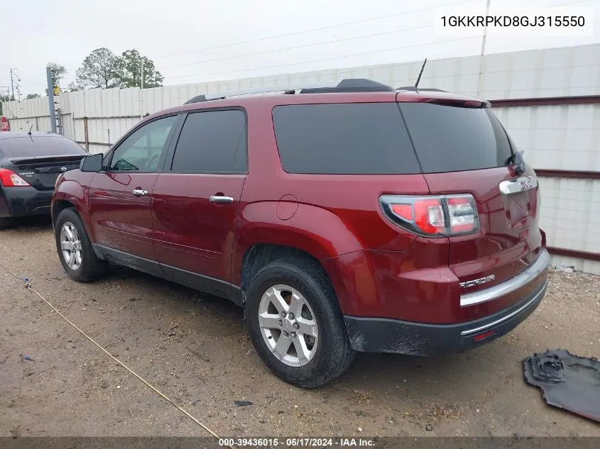 2016 GMC Acadia Sle-2 VIN: 1GKKRPKD8GJ315550 Lot: 39436015