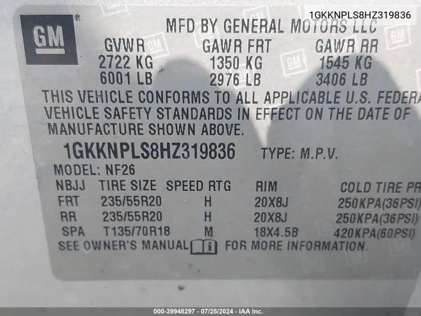 1GKKNPLS8HZ319836 2017 GMC Acadia Denali