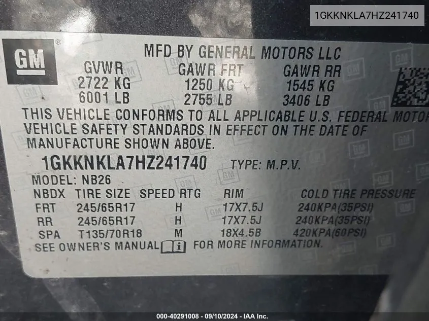 1GKKNKLA7HZ241740 2017 GMC Acadia Sle