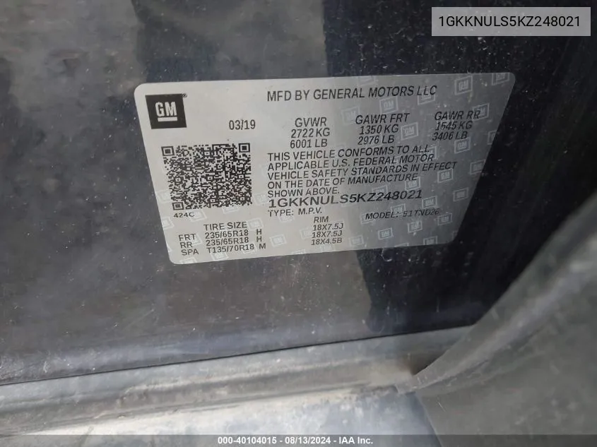 1GKKNULS5KZ248021 2019 GMC Acadia Slt-1