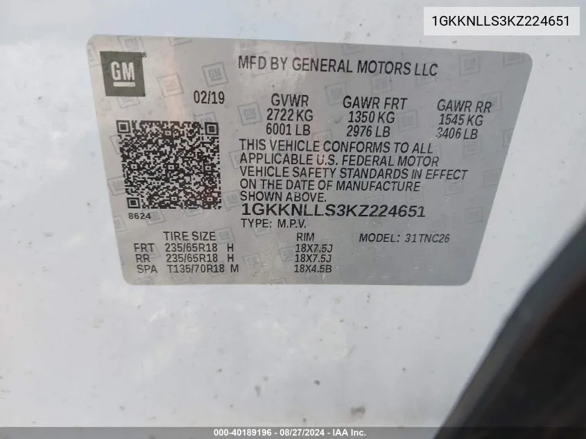 1GKKNLLS3KZ224651 2019 GMC Acadia Sle-2