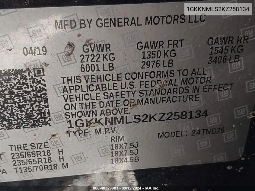 1GKKNMLS2KZ258134 2019 GMC Acadia Slt-1