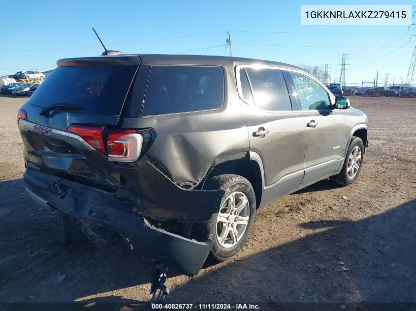 2019 GMC Acadia Sle-1 VIN: 1GKKNRLAXKZ279415 Lot: 40826737