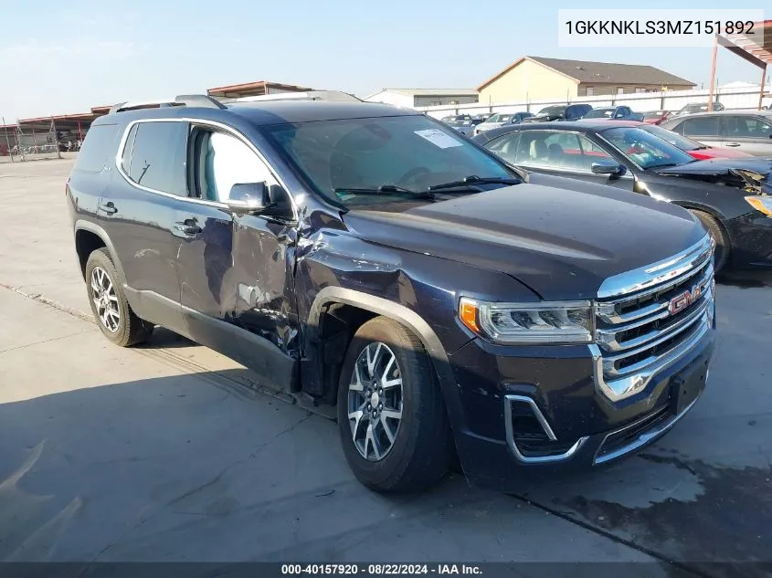 1GKKNKLS3MZ151892 2021 GMC Acadia Fwd Sle