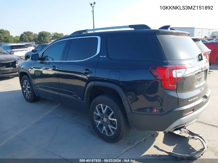 2021 GMC Acadia Fwd Sle VIN: 1GKKNKLS3MZ151892 Lot: 40157920