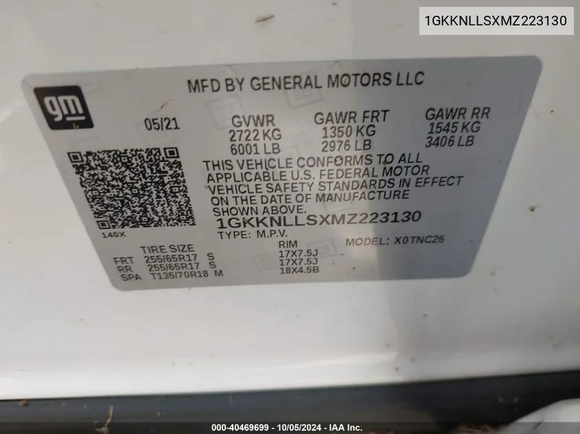 2021 GMC Acadia At4 VIN: 1GKKNLLSXMZ223130 Lot: 40469699